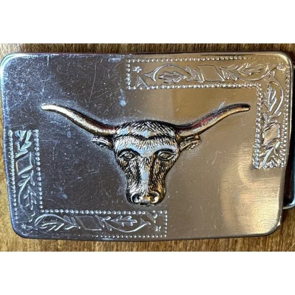 Vintage Longhorn Steer Head Western Belt Buckle Silver Tone Gold Accent - Picture 3 of 8